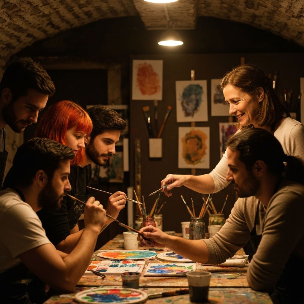 Taller de arte con participantes pintando en el espacio creativo de Colectivo Umbra